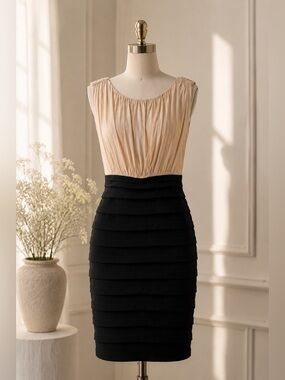 Melrose Two-Tone Pleated Midi Dress in Blush Black Size 10